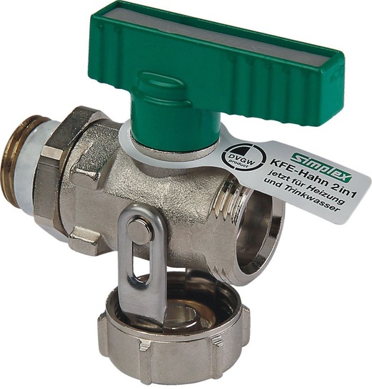 Simplex: KFE-Kugelhahn „2 in 1“ für das Füllen und Entleeren von Heizungs- und Trinkwasseranlagen. - © Simplex
 Simplex: KFE-Kugelhahn „2 in 1“ für das Füllen und Entleeren von Heizungs- und Trinkwasseranlagen.