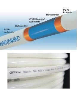 Neue Heizrohre bei Zewotherm: Ein fünfschichtiges PE-Xc und ein PE-Xa Dreischichtrohr. - © Zewotherm
 Neue Heizrohre bei Zewotherm: Ein fünfschichtiges PE-Xc und ein PE-Xa Dreischichtrohr.