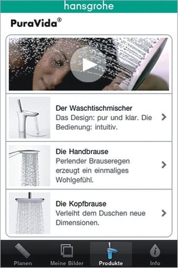 Hansgrohe-App Hansgrohe@home zur virtuellen Platzierung von PuraVidaArmaturen auf vorhandenen Waschplätzen.
