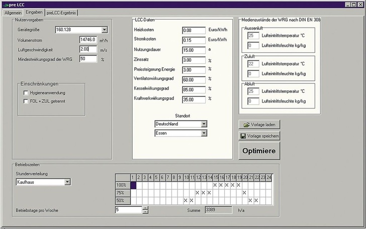 GEA Happel Klimatechnik: preLCC-Dialog in Lplus 5.40. Das Programm führt den Benutzer über drei Eingabemasken zur Auswahl der optimalen Wärmerückgewinnung.