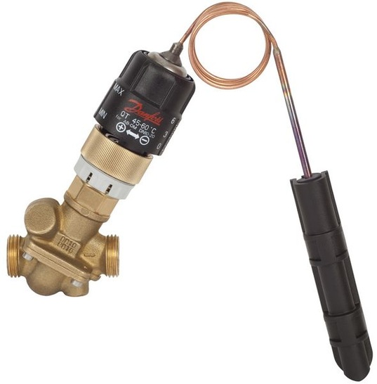 Strangventil AB-QM mit selbsttätigen Temperaturreglers QT zur Begrenzung der Rücklauftemperatur.