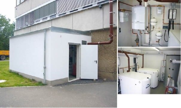 Die Energie-Garage „EnerTec-Zentrum“ mit Gas-Brennwertheizkessel für die Spitzenlast und zwei ecopower Mini-BHKW-Modulen speist Wärme in ein Nahwärmenetz für mehrere Gebäude ein. - © gc Wärmedienste
