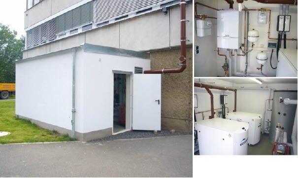 Die Energie-Garage „EnerTec-Zentrum“ mit Gas-Brennwertheizkessel für die Spitzenlast und zwei ecopower Mini-BHKW-Modulen speist Wärme in ein Nahwärmenetz für mehrere Gebäude ein.