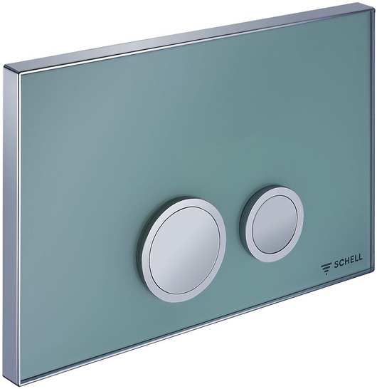 Schell: Spülkasten-Betätigungsplatte aus mintgrünem Glas mit hochglanzverchromten Messingtasten. - © Schell
