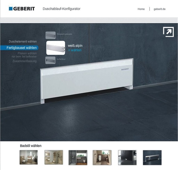 Geberit: Auswahl des Fertigbau-Sets im Duschablauf-Konfigurator.