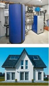Abb. 1 Solarthermie-Wärmepumpen-Kombination: Feldtestanlage und Gebäude in Herford (KfW-60-Neubau mit Fußbodenheizung).