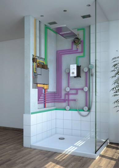 Hansgrohe: Die elektronische Steuerung Rainbrain ermöglicht die Bedienung diverser Duschfunktionen über ein Touch-Panel.