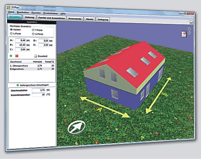 Zvplan: Heizlast­berechnung durch ­Erfassung des Gebäudes und der Räume im 3D-Tool.