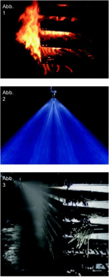 Abb. 1 Brandversuch. Abb. 2 Über Minifog-Impulsdüsen wird Löschwasser mit einem sehr feinen Tropfenspektrum versprüht und der Brand mit einer geringen Wassermenge schnell gelöscht Abb. 3.
