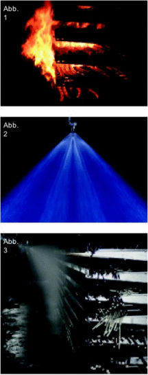 Abb. 1 Brandversuch. Abb. 2 Über Minifog-Impulsdüsen wird Löschwasser mit einem sehr feinen Tropfenspektrum versprüht und der Brand mit einer geringen Wassermenge schnell gelöscht Abb. 3. - © Minimax
