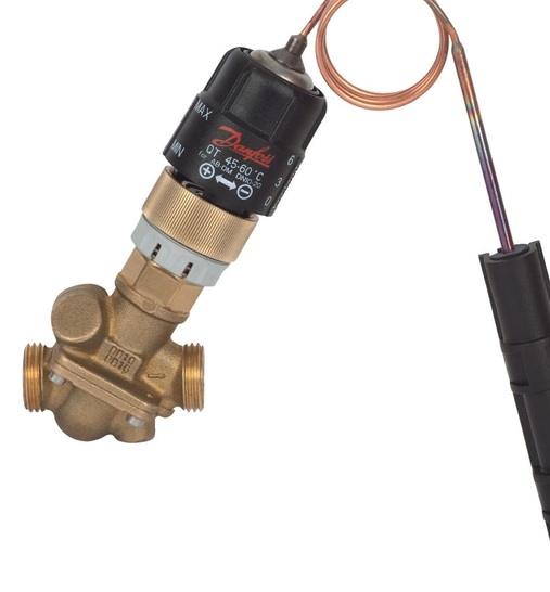 Danfoss: Strangventil AB-QM mit selbsttätigem Temperaturregler QT zur Begrenzung der Rücklauftemperatur.