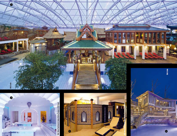 Sieben Welten Therme & SPA Resort. Abb. 1 Asien lädt zur Sinnesreise der Gelassenheit ein: Exotische Massagen, traumhafte Baderituale, märchenhafte Pflegezeremonien. Abb. 2 In der geheimnisvoll strahlenden Welt Indiens werden auch private SPA-Suiten für eine romantische Auszeit mit eigenem Kamin, privater Sauna oder Whirlpool angeboten. Abb. 3 In Arabien werden im Hamam-Tempel Leib und Sinne bei milder Wärme mit feinstem Seifenschaum vom “Wüstenstaub des Alltags“ befreit. Abb. 4 Die Baumhaussauna bietet einen wundervollen Panoramablick über die Badebuchten und die Gartenanlage Afrikas.