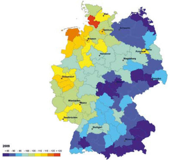 Abb. 1 ista-IWH-Energieeffizienzindexje höher der Indexwert, desto höher ist der regionale Energiekennwert. Die Kennwerte sind klimatisch und um Einflüsse der Witterung bereinigt. Bundesdurchschnitt 2007 = 100. - © ista / Darstellung des IWH
