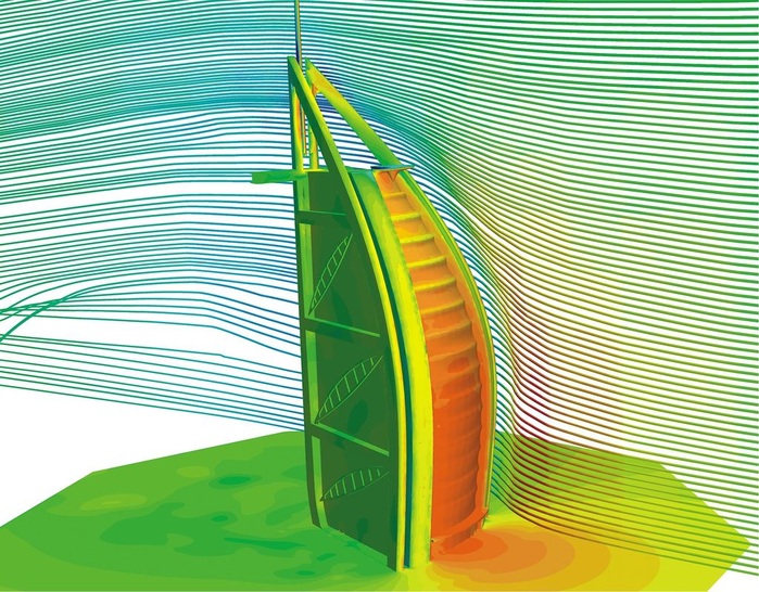 Abb. 1 Von digitalen Winden umströmt: Numerische Strömungssimulationen können konventionelle Planungsverfahren sinnvoll ergänzen. - © CD-adapco, Burj al Arab
