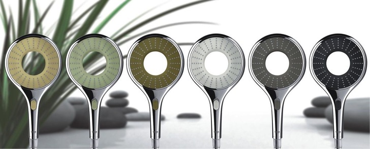 Grohe: Rainshower NaturalColors Collection in den Farben Sandstone, Limestone, Fired Clay, Sheer Marble, Misty Slate, Frosted Granite (v.l.).
