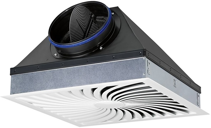 Trox: Flexible Anschlussbox Flextro mit einem Deckenluftdurchlass.