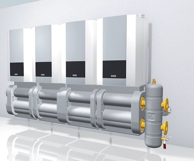 Elco: Bis zu acht wandhängende Gas-Brennwertheizkessel Thision L können in einer Kaskade zusammengeschlossen werden. - © Elco
 Elco: Bis zu acht wandhängende Gas-Brennwertheizkessel Thision L können in einer Kaskade zusammengeschlossen werden.