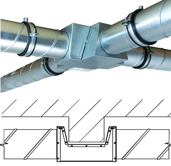Anwendungsbeispiele für die VentiventKreuzungskanäle von ZLT. Oben: Kreuzung von Lüftungskanälen. Unten: Kreuzung von Lüftungskanal und Unterzug. - © ZLT
 Anwendungsbeispiele für die VentiventKreuzungskanäle von ZLT. Oben: Kreuzung von Lüftungskanälen. Unten: Kreuzung von Lüftungskanal und Unterzug.