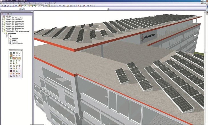 Data Design System: Darstellungsmodus „fotorealistisch“ mit Analyse der Verschattung durch Störobjekte.
