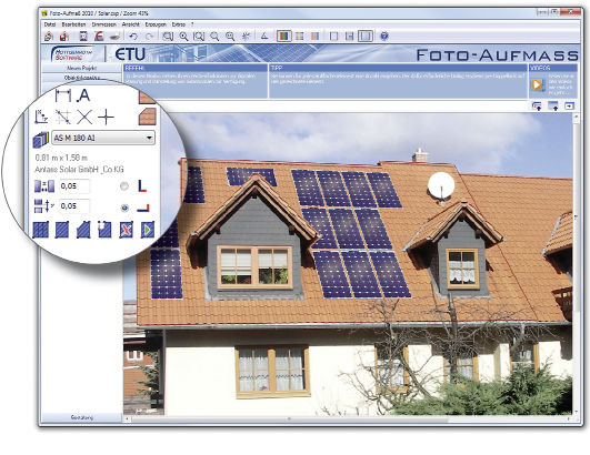 Hottgenroth / ETU: 

“Foto-Aufmaß Professional“ inklusive Solaranlagen-Visualisierung. - © Hottgenroth
