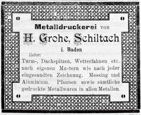 Inserat anlässlich der Kinzigtäler Gau-Gewerbe-Ausstellung in Gengenbach 1902. (Quelle: Hansgrohe)