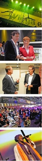 Viega Roadshow 2011: Gewagte Akrobatik mit der Gruppo Sanostra Abb. 1. Die Moderatoren Angela Elis, Christoph Brüske Abb. 2 und Viega-Seminarleiter ­Dieter Hellekes Abb. 3 führten das Publikum unterhaltsam durch die Schwerpunktthemen. Mehr als 12000 Besucher kamen zu den sieben Veranstaltungen. Abgeschlossen wurde die Tour Anfang Juni in der Kölner Lanxess-Arena mit 2500 Gästen Abb. 4. Eine mitreißende Show im Rahmenprogramm — dafür standen unter anderem die Musiker von Szenario mit Sängerin Sheila Gathright Abb. 5.