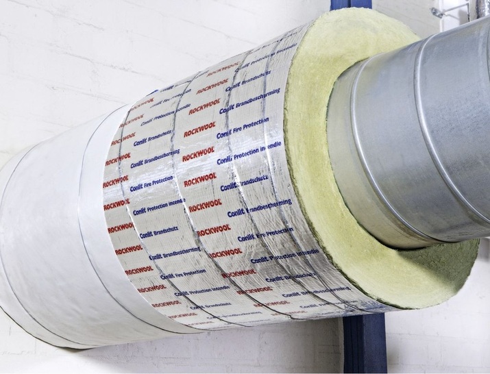 Rockwool: Rohrschalensystem Conlit PS EIS 90 für die Feuerwiderstandsklasse EI 90 von runden Lüftungskanälen aus Wickelfalzrohr.