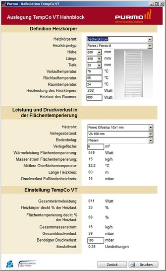 Purmo: Schnellkalkulationsprogramm für TempCo VT.