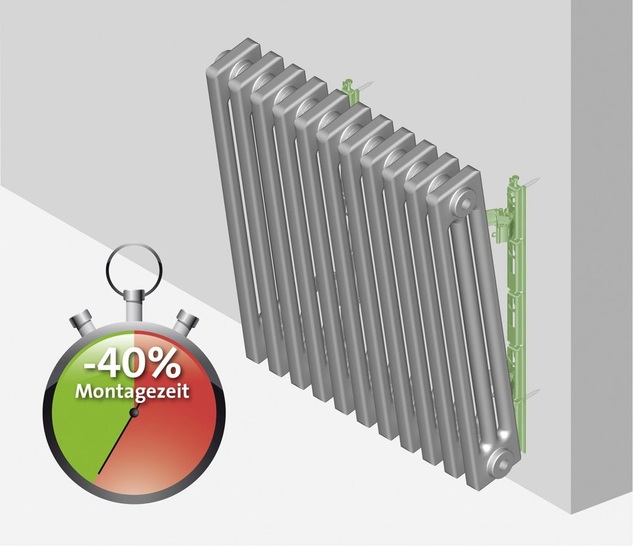 Purmo: Schnelle und ästhetische Lösung: Der Delta Laserline-Röhrenradiator wird werkzeuglos auf den Clickkonsolen angebracht