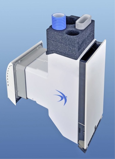 bluMartin: freeAir 100e mit Adaptern für drei Abluft-Rohr-Typen.