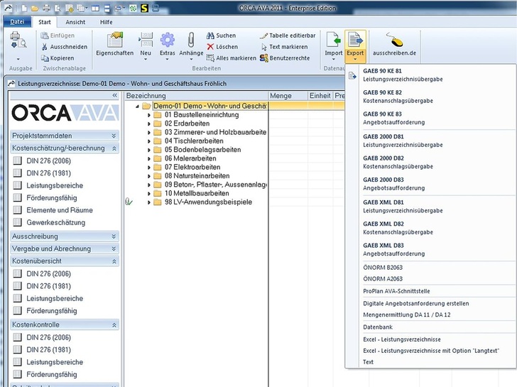 „Kosten-Export“ in Orca AVA 2011.