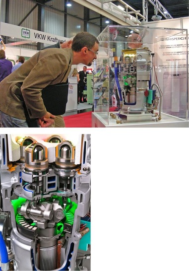 Abb. 1 Das Interesse an Mikro-KWK-Geräten auf ­Messen ist enorm; die Marktprognosen sind eher verhalten. Bis zur Inbetriebnahme eines Hauskraftwerks sind zudem zahlreiche bürokratische Hürden zu überwinden. Die senkrechten Kolbenbewegungen des WhisperGen-4-Kolben-Stirlingmotors werden durch ein Exzenterscheibensystem in eine Kreisbewegung zum Antrieb des Generators umgewandelt.