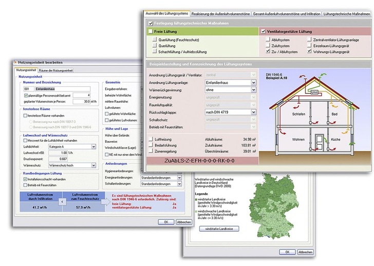 Solar-Computer: Dialoge zur Erstellung eines Lüftungskonzeptes nach DIN 1946-6.