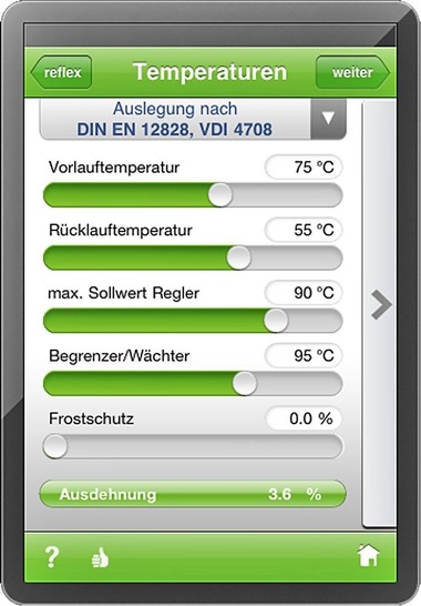 Reflex: Datenerfassung für das Ausdehnungsgefäß einer Heizungsanlage.