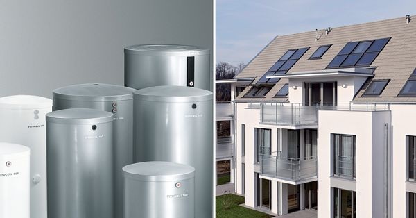 Vitocell Warmwasserspeicher-Programm von Viessmann und Velux-Solarkollektoren zur besonders harmonischen Dachintegration. (Quelle: Viessmann, Velux) - © Viessmann, Velux
