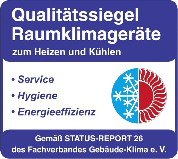 Abb. 1 „Qualitätssiegel Raumklimageräte“, ­Ausführung für Raumklimageräte mit Wärme­pumpenfunktion. Zur Vorstellung des Qualitätssiegels am 9. Dezember 2011 waren bereits die Anbieter Alfred Kaut GmbH & Co., Hans Kaut GmbH & Co., Mitsubishi Electric Europe B.V., ­Remko, Stiebel Eltron und Stulz zertifiziert. ­Unternehmen, die das Qualitätssiegel unterstützen und die Kriterien erfüllen, werden künftig auf www.raumklimageraete.de ausgewiesen.