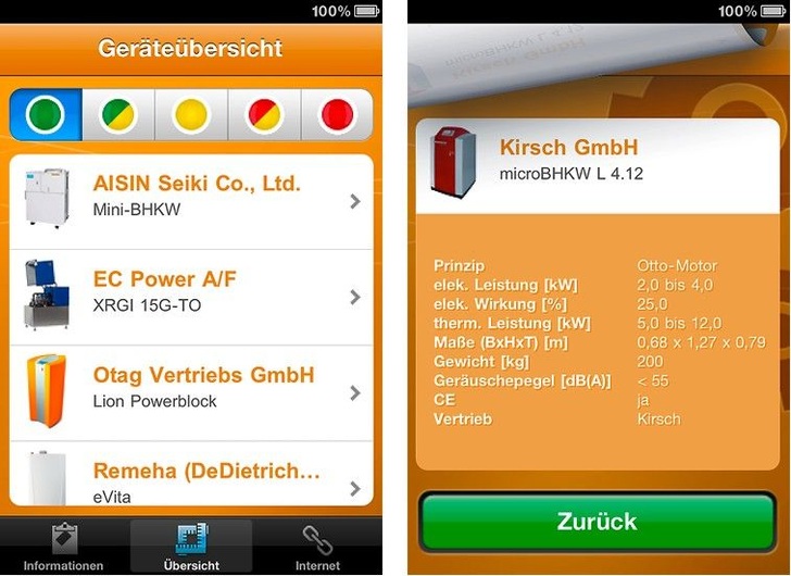 App SeH-Geräteübersicht: Geräteliste und Detailinformationen.