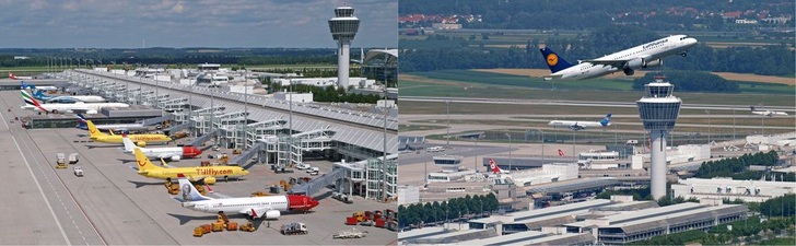 Abb. 1 Vorfeld am Terminal 1 des Flughafen München… …und die parallel zum Terminal 1 angeordneten Parkhäuser.