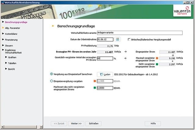 Valentin: Dialog zur Wirtschaftlichkeits­berechnung in PV*SOL Expert 5.5.