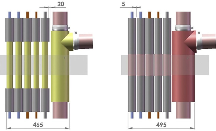 Beispielabschottung mit Missel Brandschutz-Dämm-Manschetten R90 (links) und mit Wettbewerbsprodukt (rechts). - © Kolektor Missel Insulations
