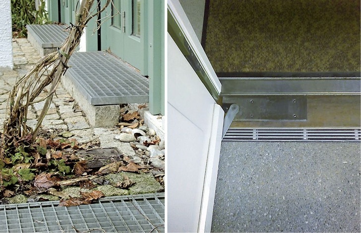 Abb. 1 Türschwelle 150 mm über der Wasser führenden Schicht, jedoch nicht barrierefrei (links) und niveaugleicher Übergang, barrierefrei, mit Entwässerungsrinne (rechts).