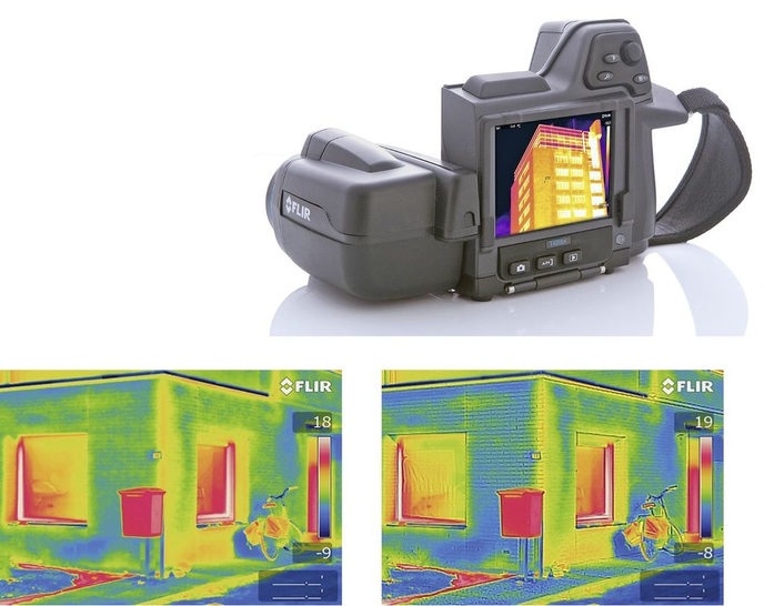 Flir Systems: Wärmebildkamera T440bx. Bauthermografie ohne (oben) und mit MSX-Funktion.