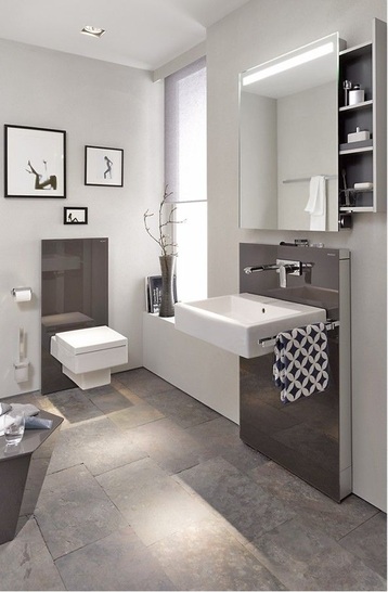 Der emco monolith Spiegelschrank ist genau auf das Geberit Modul für den Waschtisch abgestimmt.