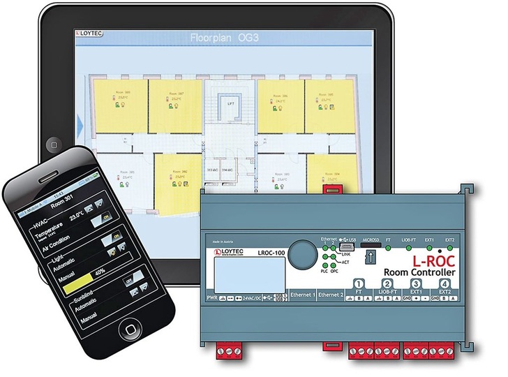 Abb. 1 So einfach wie sich die Raumautomation mit L-ROC programmieren lässt, lässt sie sich auch bedienen: über Web Clients für PCs und Smart Phones, Touch-PCs oder festinstallierte Touchpanels. - © Loytec
