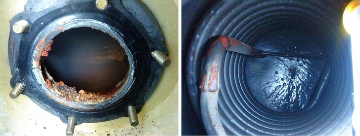 Abb. 1 Verkrustungen und schlammige Ablagerungen in einem zu lange nicht gewarteten Speicher-Trinkwassererwärmer.