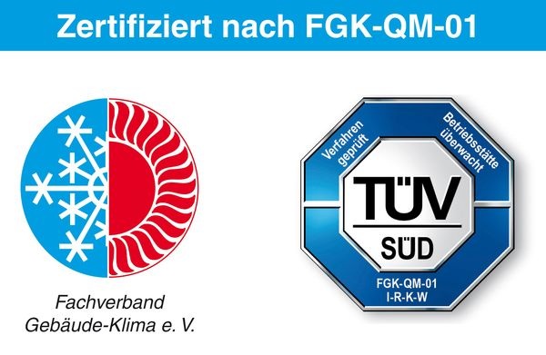 FGK/TÜV SÜD-Zertifikat für die Instandhaltung und Reinigung von RLT-Anlagen mit Kennung der Zertifizierungsbereiche: Instandhaltung (I) und Reinigung von RLT-Anlagen (R), Reinigung fetthaltiger Küchenabluftanlagen (K) und Wasserhygiene (W). - © FGK
 FGK/TÜV SÜD-Zertifikat für die Instandhaltung und Reinigung von RLT-Anlagen mit Kennung der Zertifizierungsbereiche: Instandhaltung (I) und Reinigung von RLT-Anlagen (R), Reinigung fetthaltiger Küchenabluftanlagen (K) und Wasserhygiene (W).