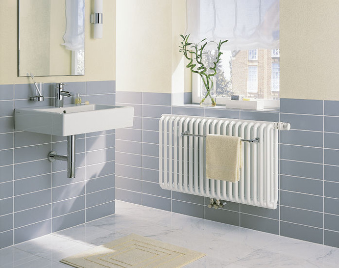 Kermi Decor-V mit 50-mm-Mitten­anschluss und Handtuchbügel.