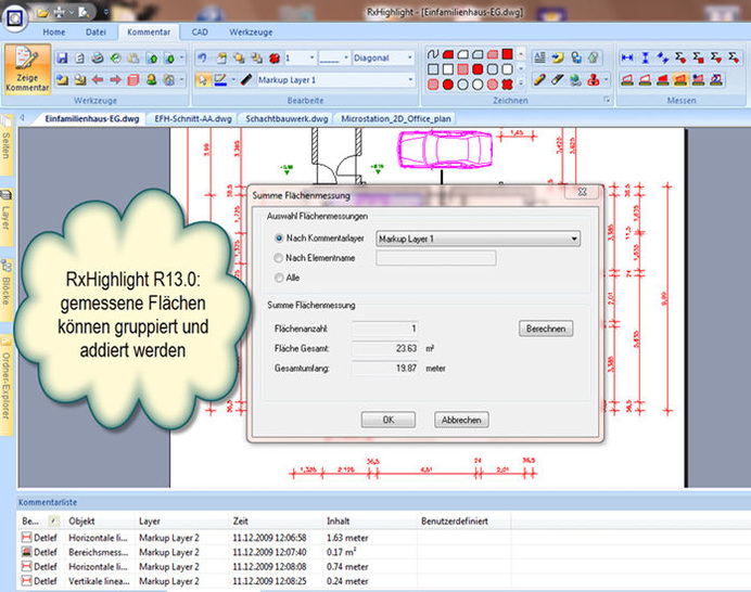 Grafex: In RxHighlight gemessene Flächen können gruppiert und addiert werden.