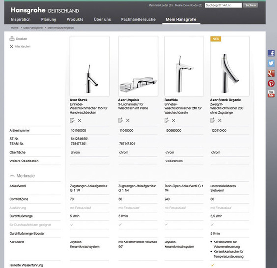 Produktvergleich auf der Hansgrohe-Internetseite. - © Hansgrohe
