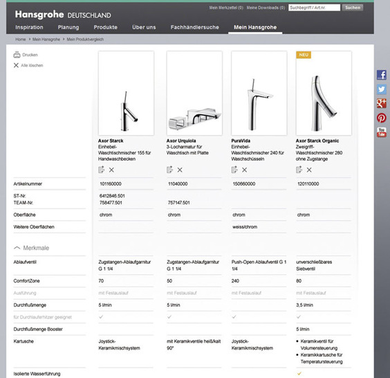 Produktvergleich auf der Hansgrohe-Internetseite.